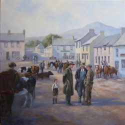 oil painting by Hamilton Sloan of cattle dealers and a young boy with cattle at cattle market in Carlingford county louth